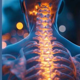 A person standing with their spine highlighted in orange, emphasizing the spinal structure and alignment.