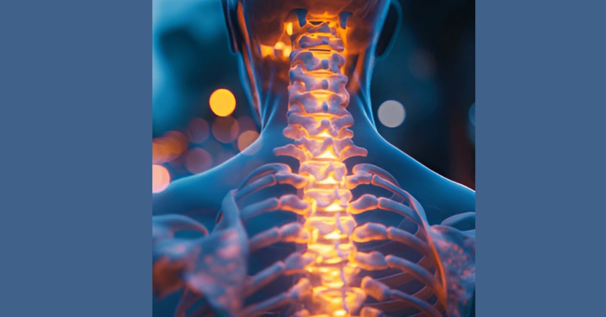 A person standing with their spine highlighted in orange, emphasizing the spinal structure and alignment.