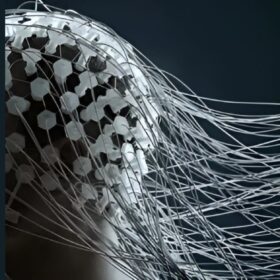 A close-up of a woman's head enveloped in wires, symbolizing technology's impact on human identity.