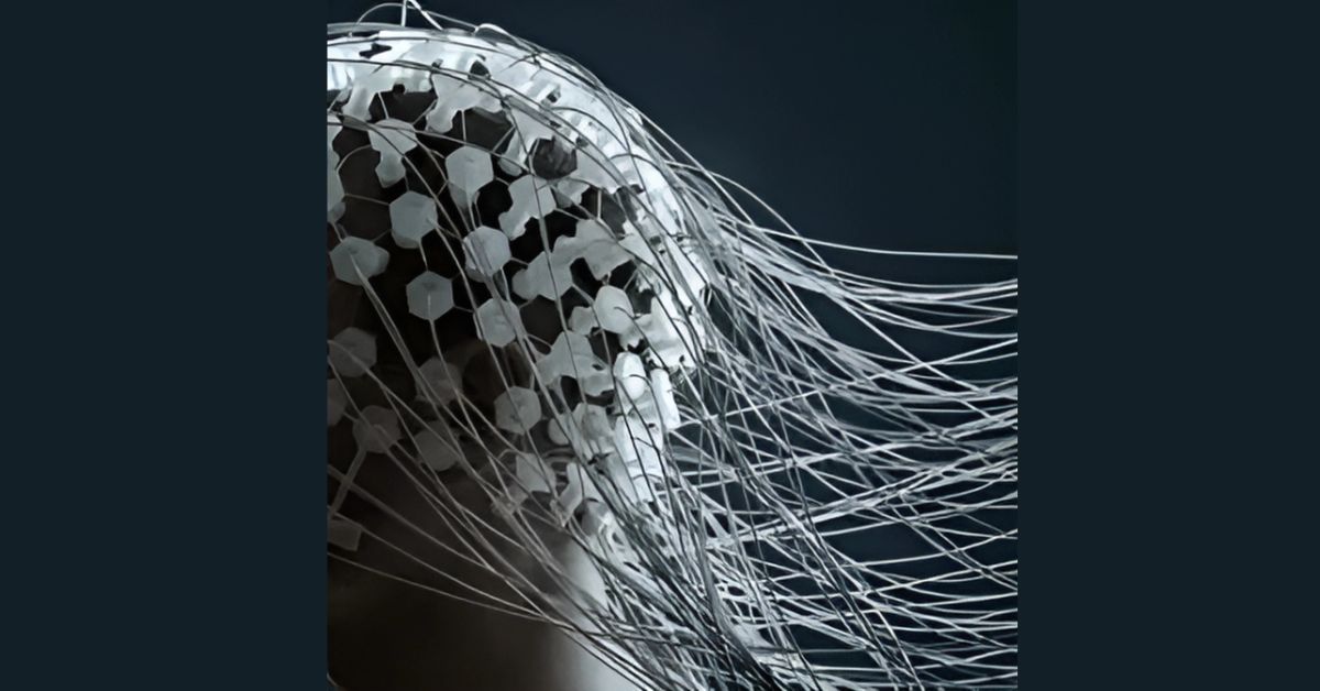 A close-up of a woman's head enveloped in wires, symbolizing technology's impact on human identity.