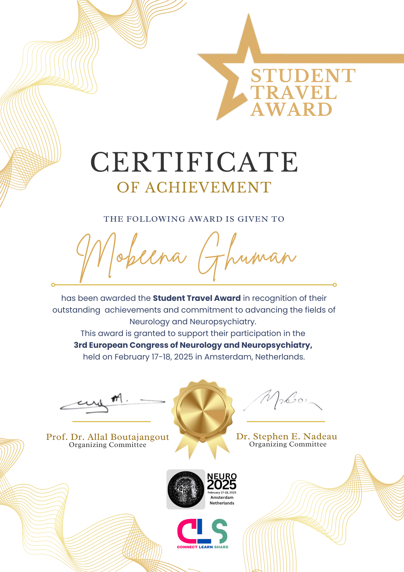 Neuro 2026 | Student Travel Award | Mobeena Ghuman | Neurology | Neuropsychiatry | Dementia 2026 | France