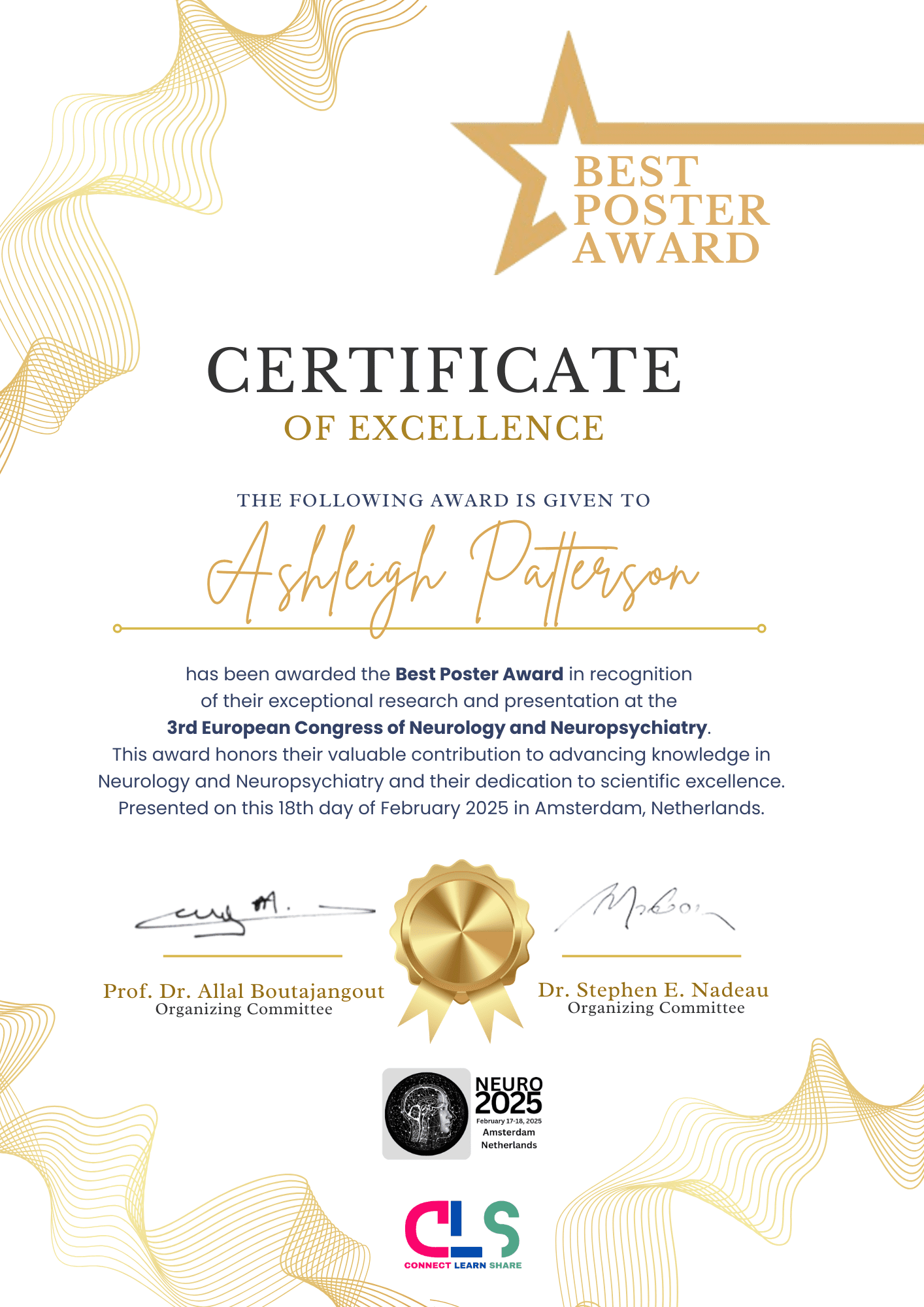 Neuro 2026 | Best Poster Award | Ashleigh Patterson | Neurology | Neuropsychiatry | Paris | France